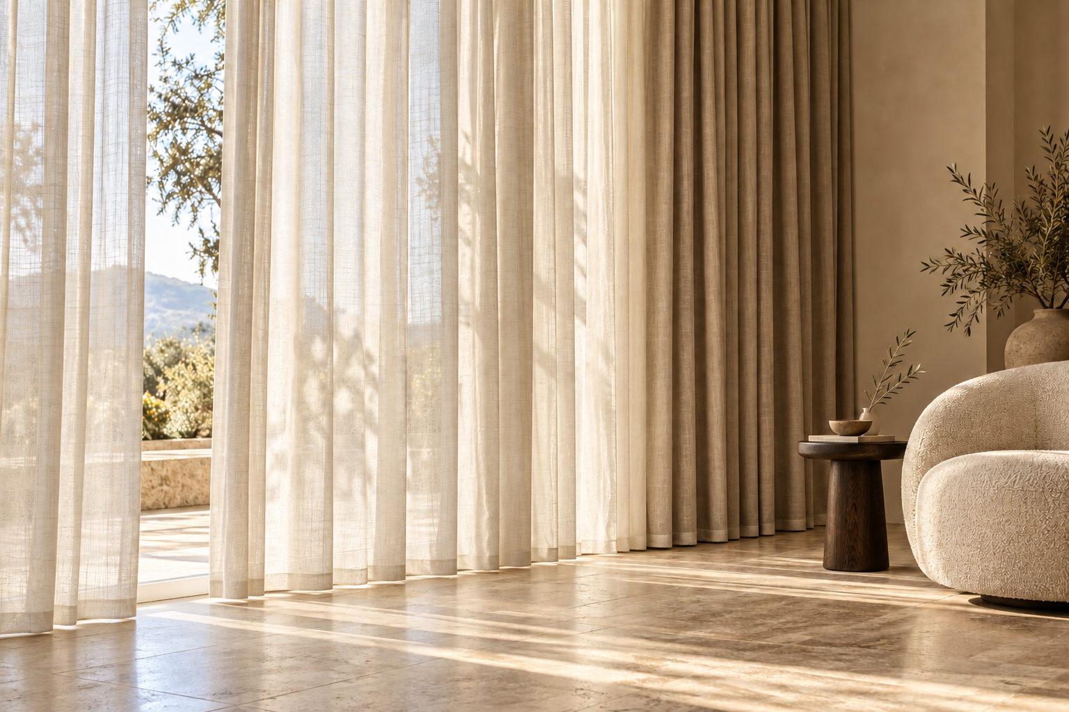 Cortinas de tonos naturales y tergales iluminados por el sol en una sala contemporánea